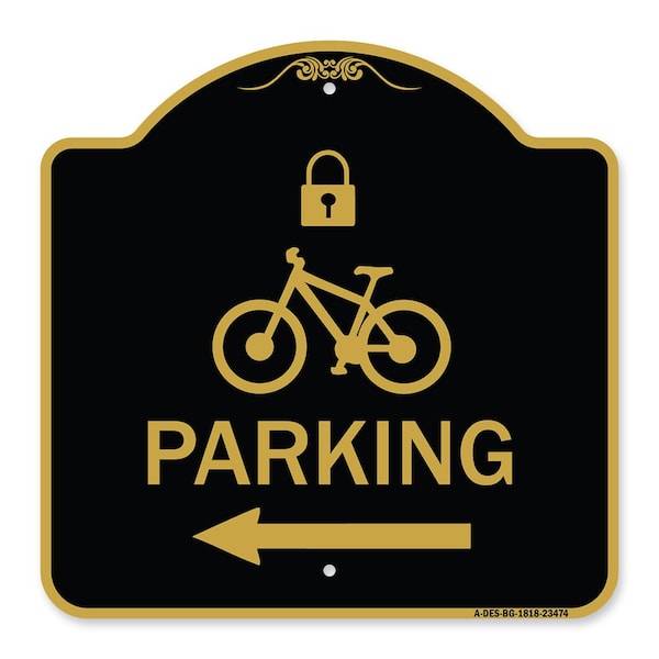 Parking W/ Lock Cycle & Left Arrow, Black & Gold Aluminum Sign, 18" x 18", BG-1818-23474